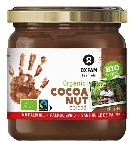 Haselnuss- und Kakaocreme von OXFAM, fair gehandelt, glutenfrei, Bio, 400 g, cremige Nuss-Kakao-Creme in Glas.