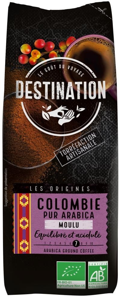 Gemahlener 100% Arabica Kaffee aus Kolumbien, biozertifiziert, 250g, von DESTINATION, frisch und aromatisch.