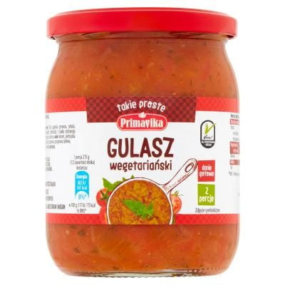 Dosen mit Vegus Gulasch 430g von PRIMAVIKA, Inhalt in einer geöffneten Gulaschdose, sichtbare Fleisch- und Gemüsestücke.