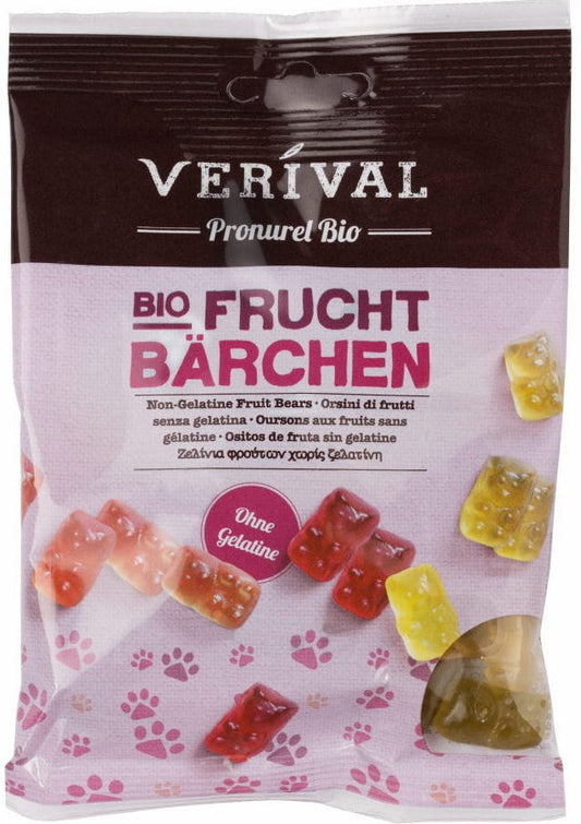 Fruchtgelees ohne Gelatine von VERIVAL, 100g, mit bunten Fruchtstücken in Glas verpackt.