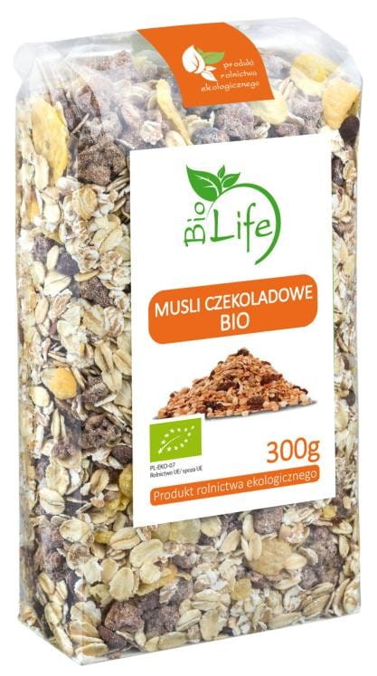 Bio BIO LIFE Schokoladenmüsli in 300g Packung, knuspriges Müsli mit Schokoladengeschmack, natürliche Bio-Zutaten, Verpackung sichtbar