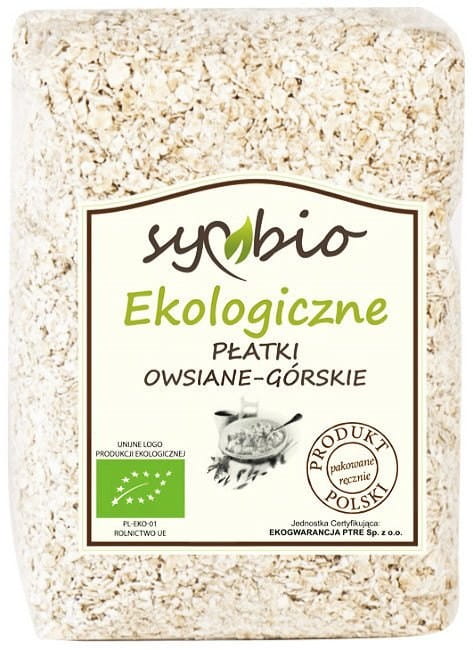 Bio Berghaferflocken von SYMBIO, 450g, im sichtbaren Behälter mit Haferflocken in einer nachhaltigen Verpackung