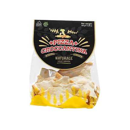 Knuspriger natürlicher Snack 150g von PIZZA CROCCANTINA, eco-friendly Verpackung, zeigt den Snack in einer offenen Packung