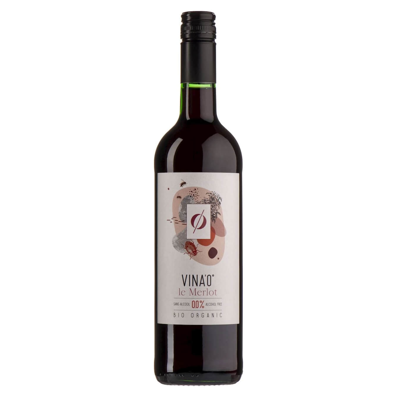 Bio alkoholfreier Le Merlot Wein von VINA0 in 750 ml Flasche, rotweinartige Optik und elegantes Design.