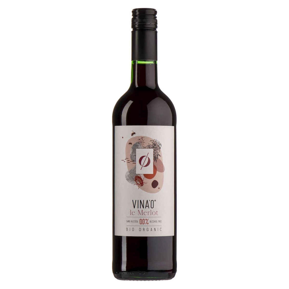 Bio alkoholfreier Le Merlot Wein von VINA0 in 750 ml Flasche, rotweinartige Optik und elegantes Design.