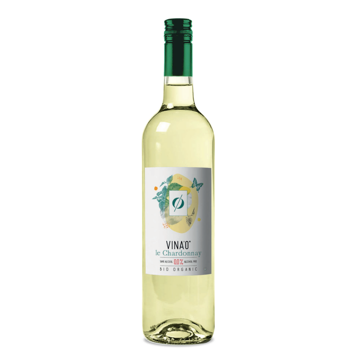 Le Chardonnay alkoholfrei BIO von VINA0 in einer 750 ml Flasche, klare Flüssigkeit mit goldener Farbe.