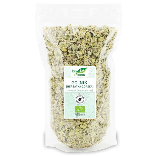 Bio Gojnik Bergtee in 100 g Packung, getrockneter Kräutertee von BIO PLANET, zeigt die getrockneten Gojnik-Blätter.
