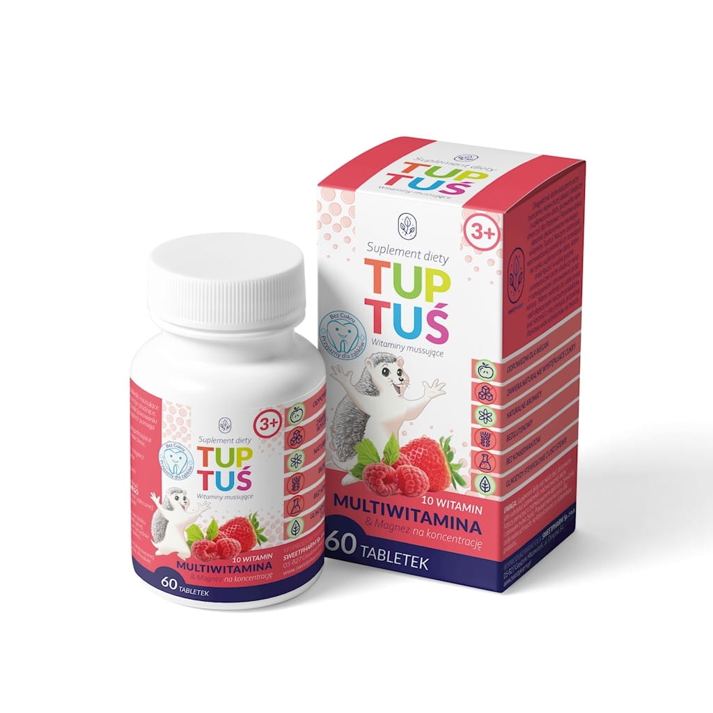 Multivitamine mit Magnesium, Erdbeer-Himbeer-Geschmack zur Konzentration für Kinder ab 3 Jahren 60 Brausetabletten - TUPTUŚ