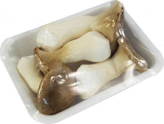 Frische BIO PLANET Eryngii-Pilze, auch Steinpilze genannt, in ca. 200g Packung, bio-zertifiziert, auf weißem Hintergrund.