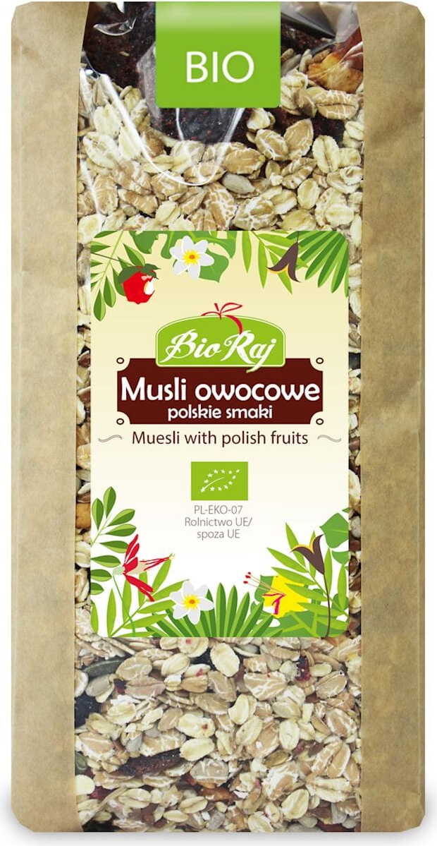Polnische Fruchtmüsliaromen BIO von BIO RAJ, 700 g, mit bunten Fruchtstücken und natürlichen Zutaten.