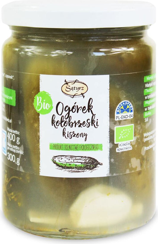 Eingelegte BIO-Gurken von SĄTYRZ in einem Glas, sichtbar mit frischen Gurken und Dill, 400 g Verpackung