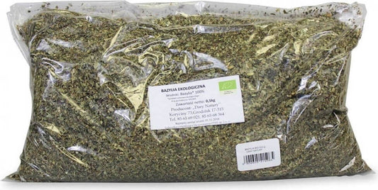 Frisches Bio-Basilikum in 500 g Verpackung von DARY NATURY, ideal für Küchen und kulinarische Anwendungen.