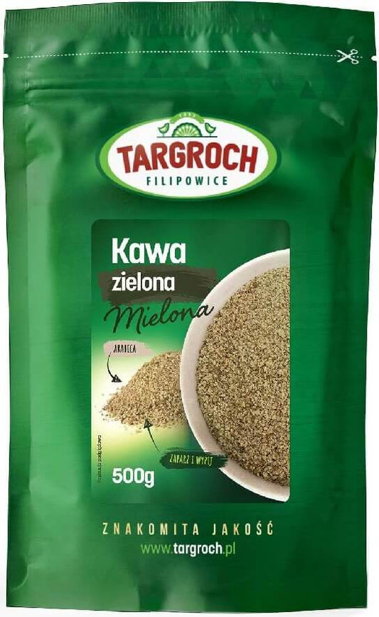Gemahlener Rohkaffee von TARGROCH, 500g Packung, frisch gemahlen, dunkle Kaffeebohnen sichtbar in der Verpackung