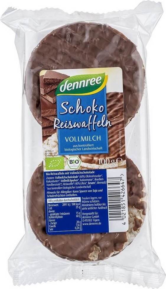 Reiswaffeln mit Milchschokolade BIO 100 g - DENNREE