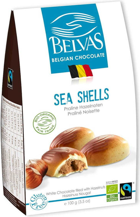 Belgische weiße Pralinen mit Nussfüllung in Muschelform, glutenfrei, fair gehandelt, BIO, 100 g, von BELVAS