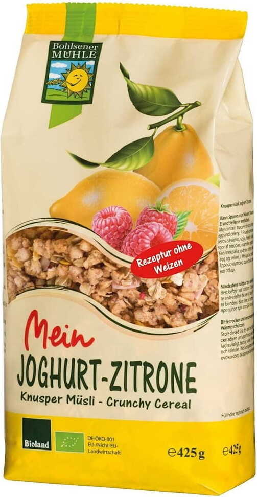 Knuspriger Joghurt und Zitrone BIO, 425 g von BOHLSENER MÜHLE, mit Joghurt- und Zitronenstücken in einer Verpackung