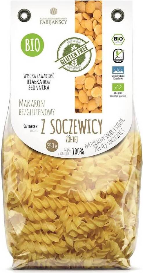 Nudeln (gelbe Linsen), Fusilli, glutenfrei BIO 250 g - FABIJAŃSCY