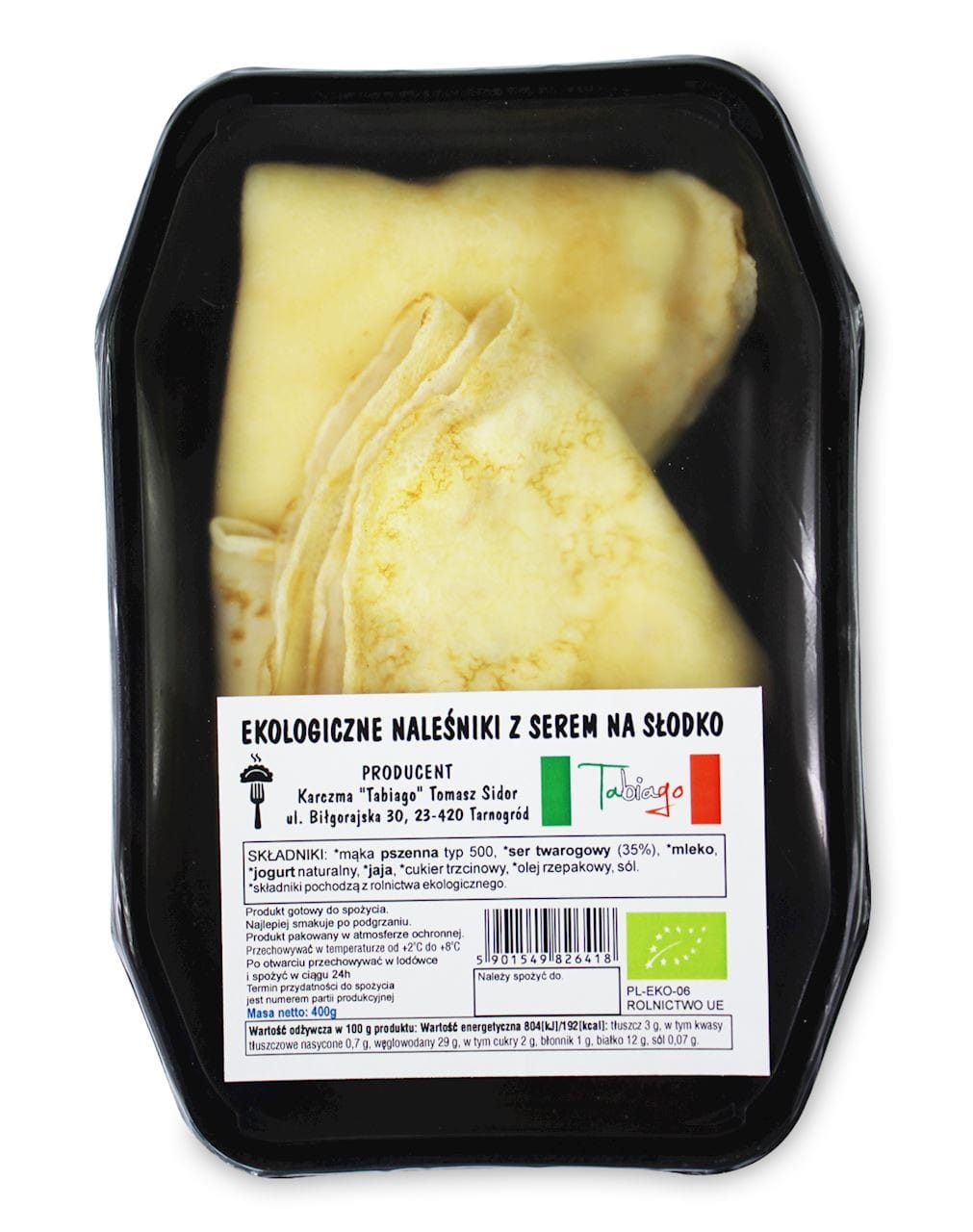 Frischer Bio-Pfannkuchen mit süßem Käse auf einem Teller, hergestellt von BIO PLANET, 400 g Verpackung, KARCZMA TABIAGO.