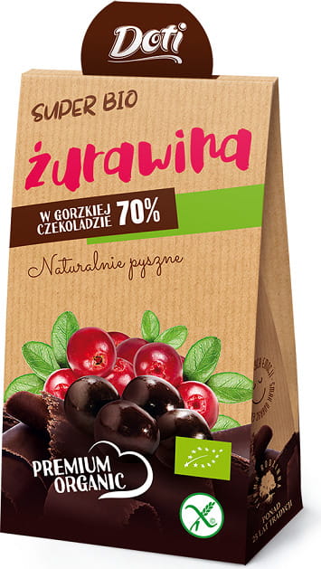 Zarte Cranberries in glutenfreier Bio-Zartbitterschokolade, 60 g, von DOTI, auf weißem Hintergrund fotografiert.