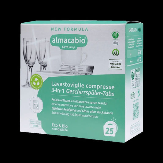 Geschirrspültabs 3 in 1 eco von ALMACABIO, 25 Stück, umweltfreundliche Tabs für sauberes Geschirr in der Spülmaschine