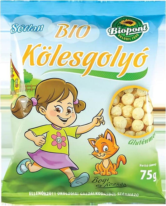Knusprige glutenfreie Hirsechips von BIOPONT in Bio-Qualität, 75 g, auf weißem Hintergrund.