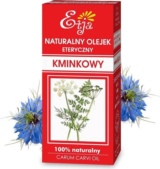 Ätherisches Kümmelöl von biogo in einer 10 ml Flasche, klare Flüssigkeit und naturreiner Duft sichtbar auf dem Bild