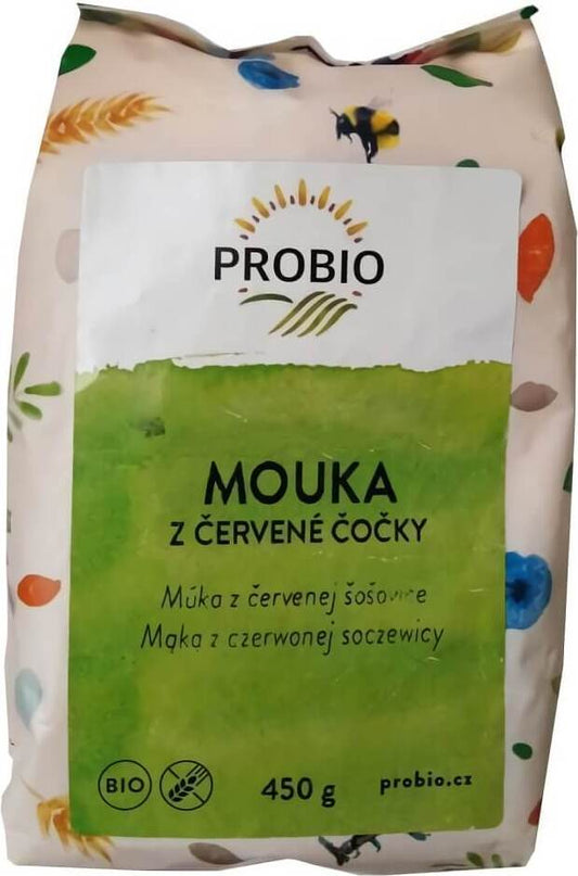 Glutenfreies rotes Linsenmehl BIO von PROBIO, 450 g, in einer transparenten Verpackung auf weißem Hintergrund.