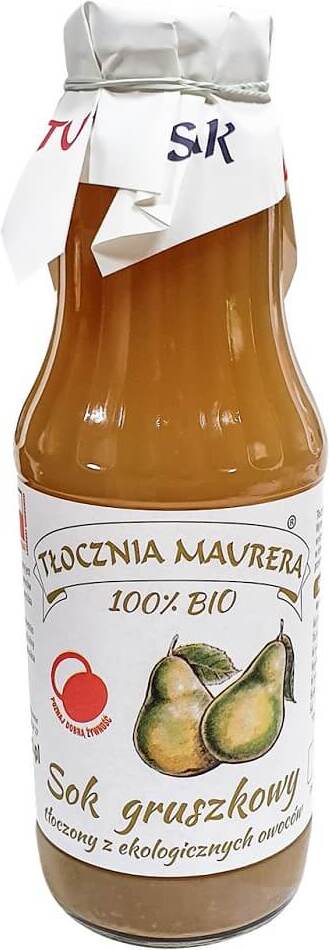 Bio Birnensaft von Maurer Press in 700 ml Flasche, frisch und natürlich, zeigt die klare, goldene Flüssigkeit in der Flasche