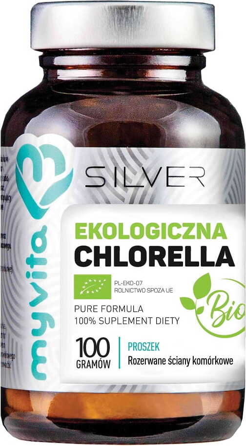 Chlorella BIO Pulver von MYVITA in 100g Verpackung, grünes Pulver mit feiner Textur, für gesunde Ernährung und Detox.