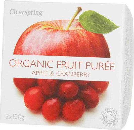 Bio Apfel-Preiselbeer-Dessert von CLEARSPRING in 200 g Verpackung, zeigt das cremige Dessert mit Apfel- und Preiselbeeren.