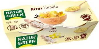 Reisdessert mit Vanille BIO von NATURGREEN, zwei Packungen à 125 g, cremiges Dessert in Schüssel mit Vanille und Reis.