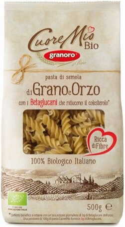 Bio Hartweizen-Fusilli mit Gerste von GRANORO, 500 g, rohe Pasta aus nachhaltigem Getreide, sichtbar in der Verpackung