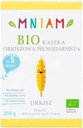 Bio Dinkel-Vollkornbrei ab dem 5. Monat von MNIAM/AM-AM, 250 g, zeigt das gekochte Vollkorn-Dinkelbrei in einer Schüssel.