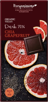 Dunkle vegane Bio-Bitterschokolade mit Chia und Grapefruit, glutenfrei und 70g, von BIOBENJAMIN.