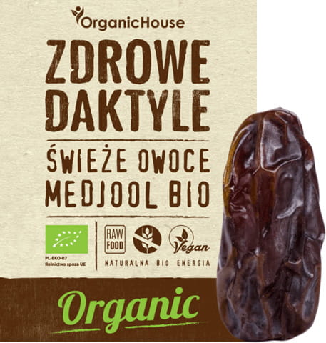 Bio glutenfreie Medjool-Datteln von ORGANICHOUSE, 150 g, frische und saftige Naturdatteln auf einem Teller.