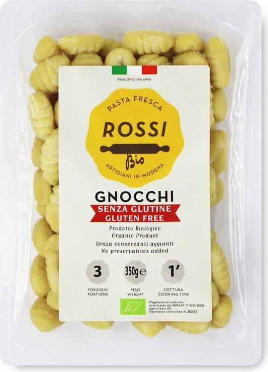 Glutenfreie Bio-Gnocchi von PASTA FRESCA ROSSI, 350 g, auf weißem Hintergrund.