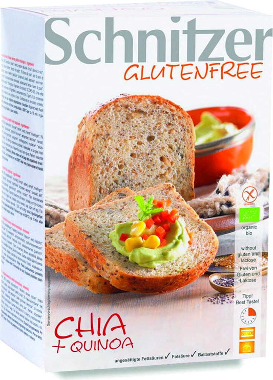 Bio glutenfreies Chiabrot mit Quinoa-Vollkornmehl von ECOR, frisch gebacken, goldbraun und knusprig, auf einem Holzbrett.