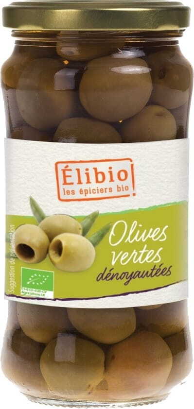 Grüne entkernte Oliven im 350g EKO ELIbio Beutel, frische und bio-zertifizierte Oliven, detailreiche Nahaufnahme