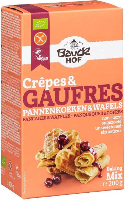 Glutenfreier Waffel- und Pfannkuchen-Mix von BAUCK HOF in 200 g Packung, biologisch, mit Mehl, Eier und Backtriebmittel sichtbar.