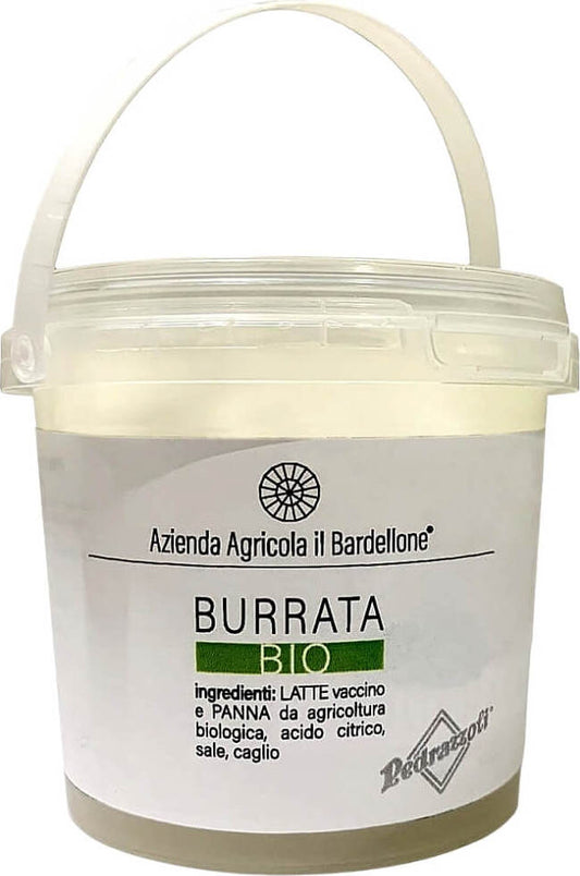 Bio Burrata-Käse von ANZIENDA AGRICOLA IL BARDELLONE, 125 g, cremiger italienischer Frischkäse, auf einem Holzbrett angerichtet