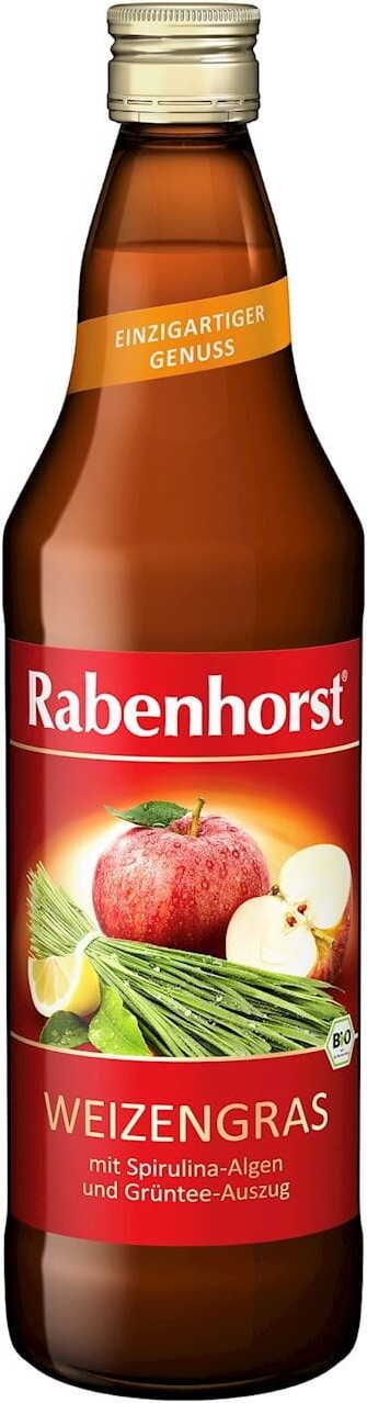 BIO Weizengrasgetränk von RABENHORST in einer 750 ml Flasche, frisch und grün, mit Weizengraspflanzen im Hintergrund