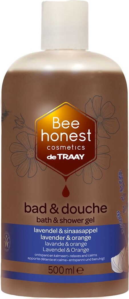 Dusch- und Badegel von BEE HONEST mit Lavendel und Orange, entspannend, 500 ml Flasche, umgeben von Lavendel und Orangen.