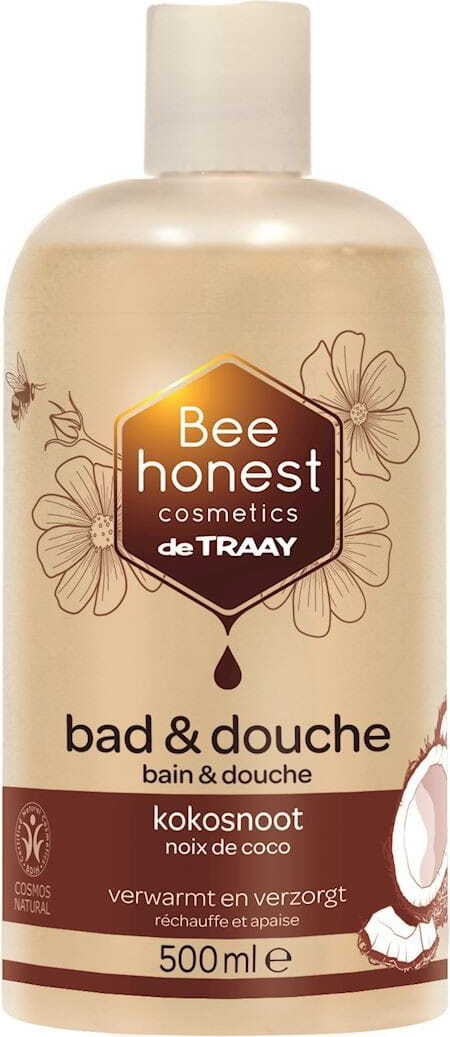 Wärmendes Dusch- und Badegel mit Kokosnuss, 500 ml von BEE HONEST, zeigt die Flasche mit Kokosnuss-Design.