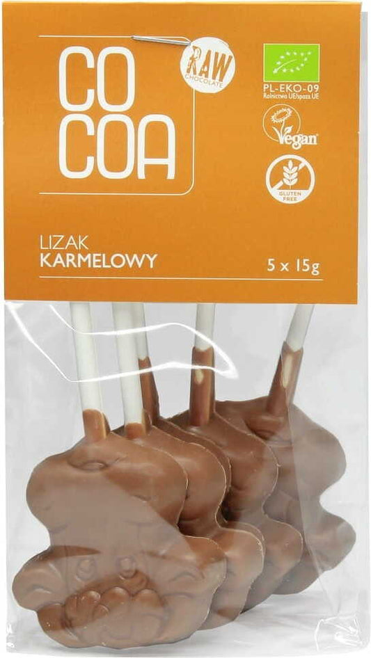 Glutenfreie Bio-Karamelllutscher von COCOA, 5 Stück à 15 g, mit Kakaogeschmack, auf dem Bild.