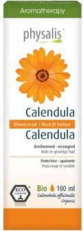 Natürliche Calendula-Ölflasche von PHYSALIS, 100 ml, für Gesichts- und Körperpflege, mit sonnengelber Flüssigkeit in dunkler Flasche.