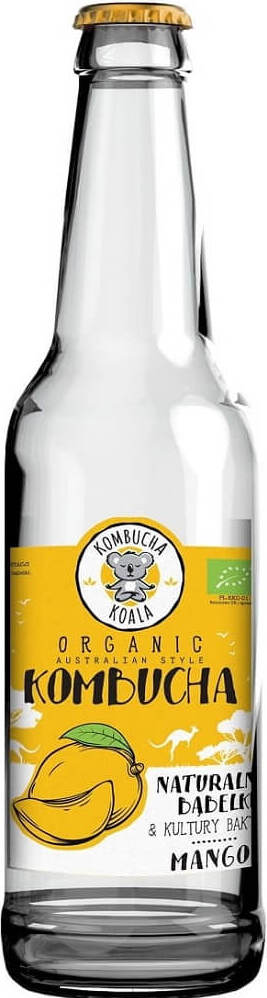 Bio-Kombucha mit Mangogeschmack von KOALA KOMBUCHA in 330 ml Flasche, erfrischendes Getränk mit fruchtigem Mangogeschmack.