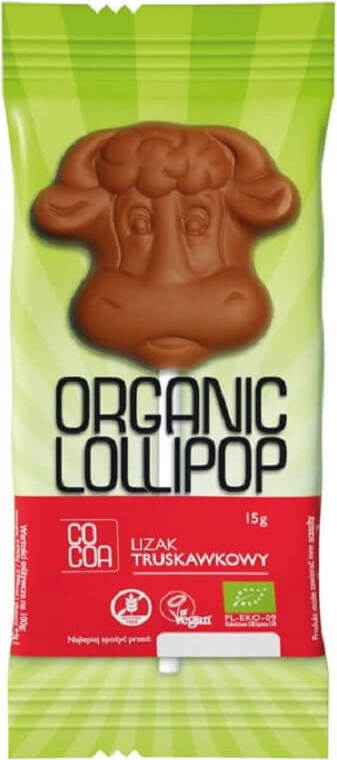 Glutenfreier Erdbeergeschmack Lutscher von COCOA, BIO, 15 g, zeigt den bunten Lutscher mit Erdbeeraroma.