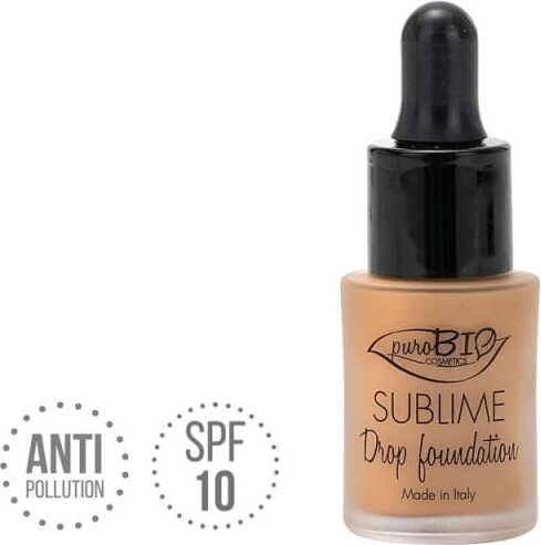 Eco Care Foundation Drop 04 von PuroBIO, umweltfreundliche Make-up-Grundlage in natürlichem Farbton, auf einem weißen Hintergrund.