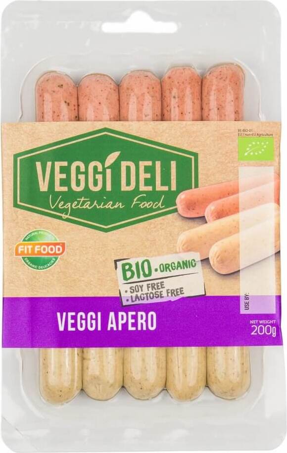 Vegetarische BIO Wurstmischung von VEGGI DELI, 200 g, verschiedene pflanzliche Wurstsorten auf einem Teller.