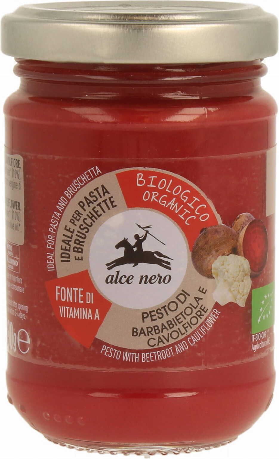Bio Rüben- und Blumenkohlpesto von ALCE NERO, 130 g, cremiges Pesto mit roten Rüben und Blumenkohl, sichtbare Portion im Glas